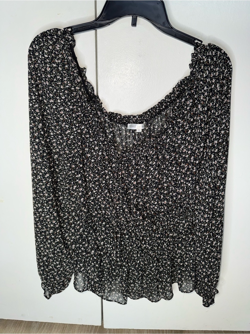 Jasmine Black Floral Smocked Peasant Blouse with Pink Accents